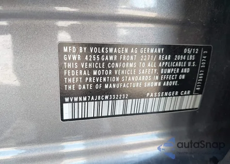 2012 Volkswagen Golf Tdi 4-Door from USA, damaged, VIN WVWNM7AJ8CW332232